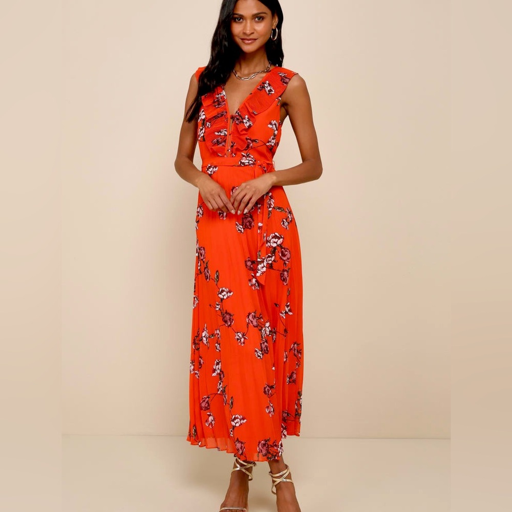 Red Orange Floral Print Pleated Chiffon Maxi Dress Small